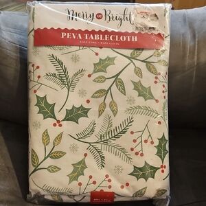 Merry and Bright PEVA Tablecloth White Red Green Tan Christmas Holiday Party
